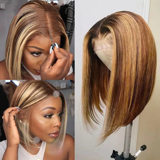Highlight Bob Wig Human Hair Straight Short Bob Wig 13x4 Lace Front Human Hair Wigs For Women Honey Blonde Bob Lace Frontal Wig