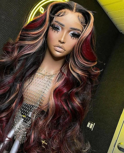 Highlights Red Blonde Colored Body Wave 13x4 Transparent Lace Frontal Wig Baby Hair Pre Plucked