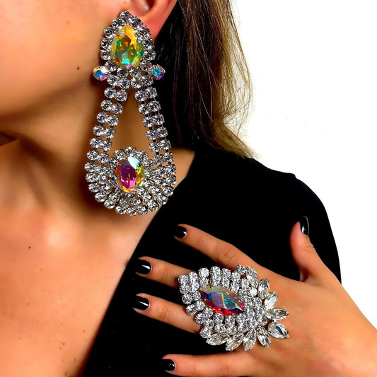 Exaggerated Rhinestone Earrings & Rings Set