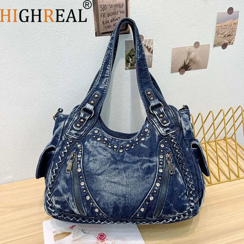 HIGHREAL High Quality Denim Women Handbag  Rivets Women Designer Shoulder Bag Large-Capacity Wash Denim Girls Messenger Bag