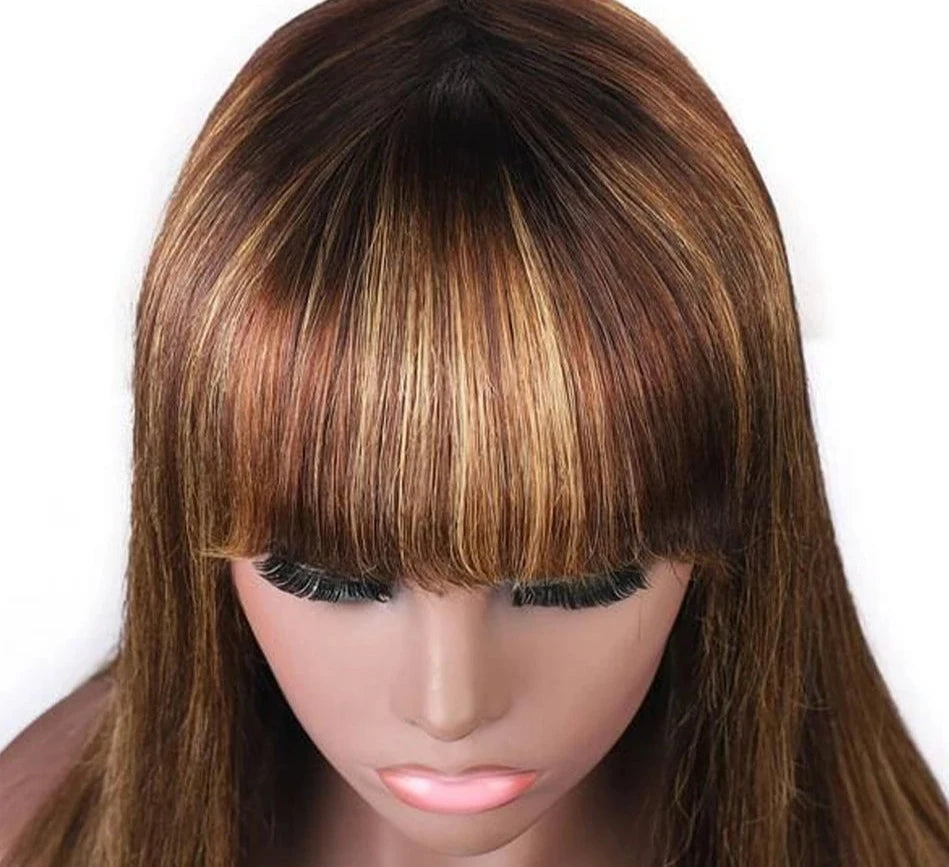 180D Short Cut P4/30 Highlight Straight Human Hair Wigs With Bangs