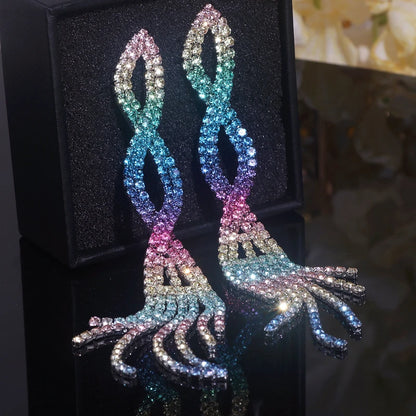 Luxury Bling Colorful Rhinestone Long Tassel Earrings