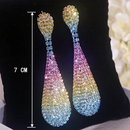 Fashion Shiny Rainbow Color Crystal Earrings for Women Luxury Rhinestone Drop Dangle