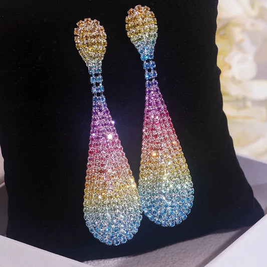 Fashion Shiny Rainbow Color Crystal Earrings for Women Luxury Rhinestone Drop Dangle
