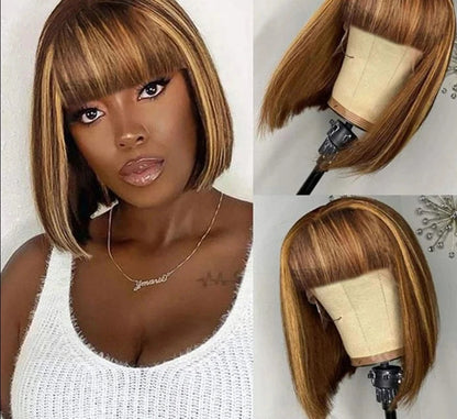 180D Short Cut P4/30 Highlight Straight Human Hair Wigs With Bangs