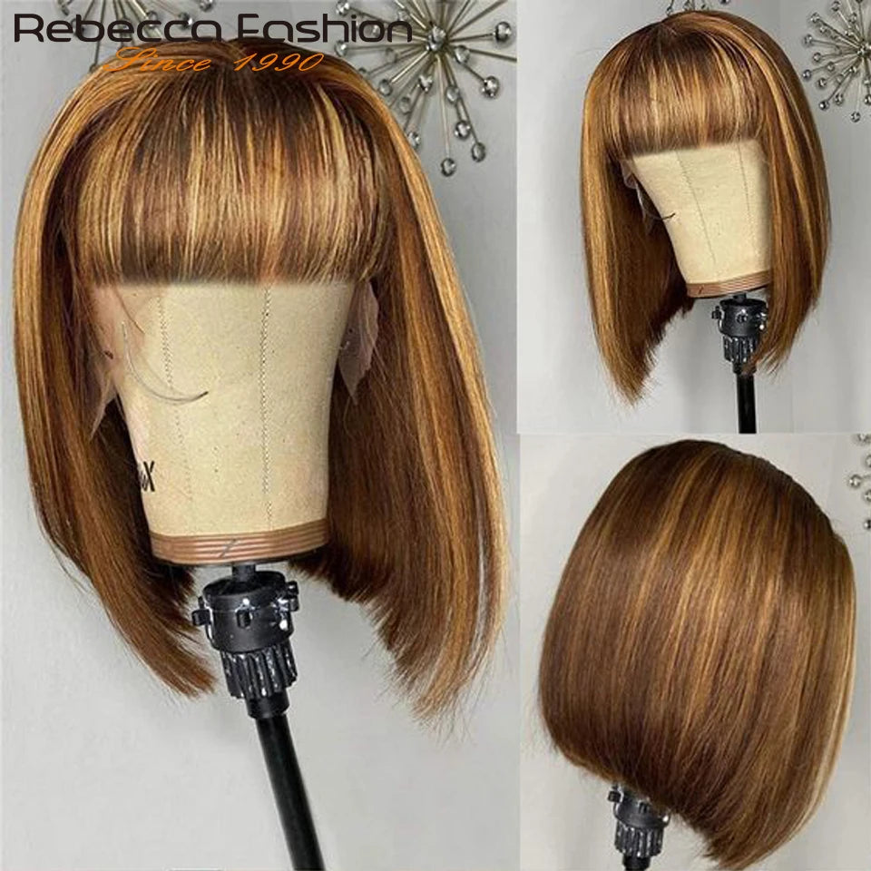 180D Short Cut P4/30 Highlight Straight Human Hair Wigs With Bangs