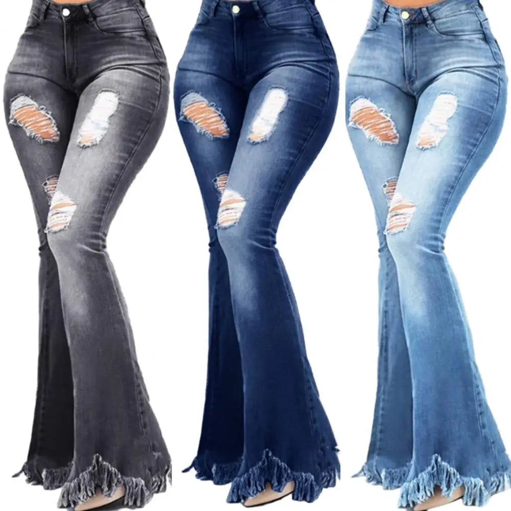 Denim Flared Jeans Women Pants High Waist Zipper Button Fly Ripped Holes Tassel Cuffs Autumn Winter Jeans