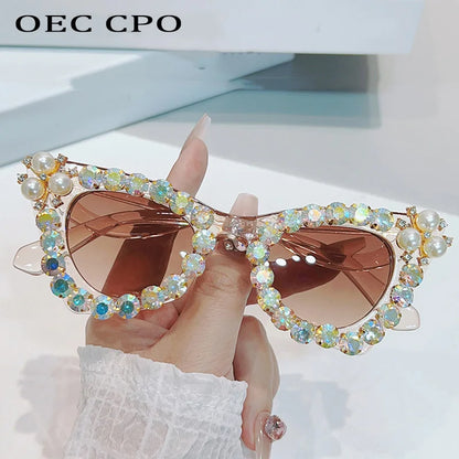 Shiny Diamonds Cat Eye Sunglasses Women 2023 Luxury Pearl Trends Punk Sun Glasses Female Shade UV400 Gradient Rhinestone Eyewear