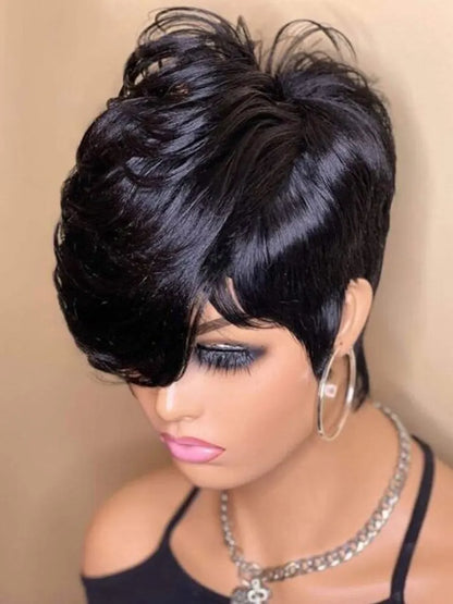 Short Pixie Cut Wigs Full Machine Made Wig With Bangs Glueless Remy Human Hair