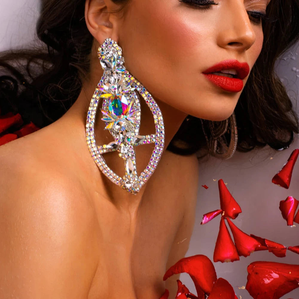 Elegant Women Exaggerate Dangle Earrings Colorful Crystal