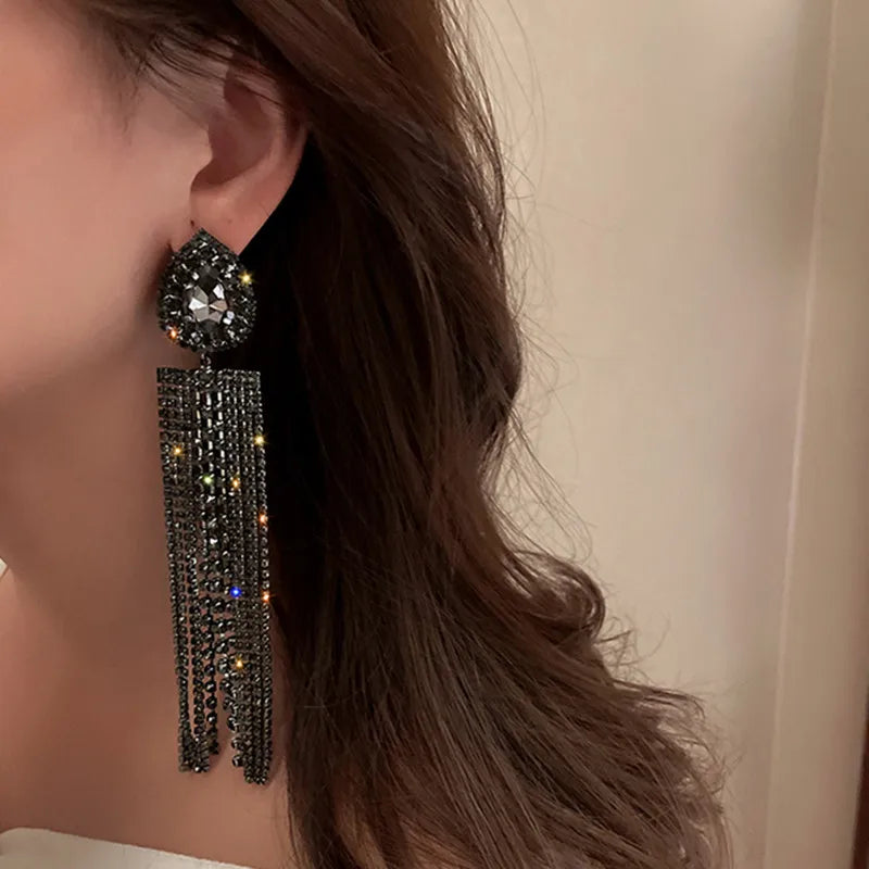 Water Drop Tassel Long Crystal Earrings