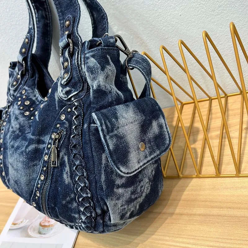 HIGHREAL High Quality Denim Women Handbag  Rivets Women Designer Shoulder Bag Large-Capacity Wash Denim Girls Messenger Bag