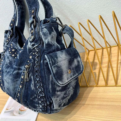 HIGHREAL High Quality Denim Women Handbag  Rivets Women Designer Shoulder Bag Large-Capacity Wash Denim Girls Messenger Bag