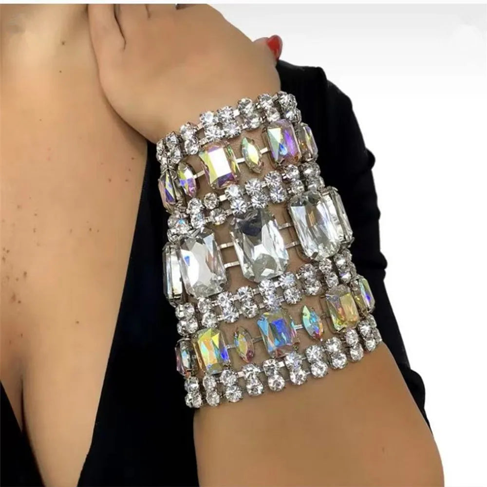 Novelly Rhinestone Oversized 16*11cm Wide Bracelet Wristband Wedding Jewelry for Women Crystal Square Big Hand Bracelet Bangle