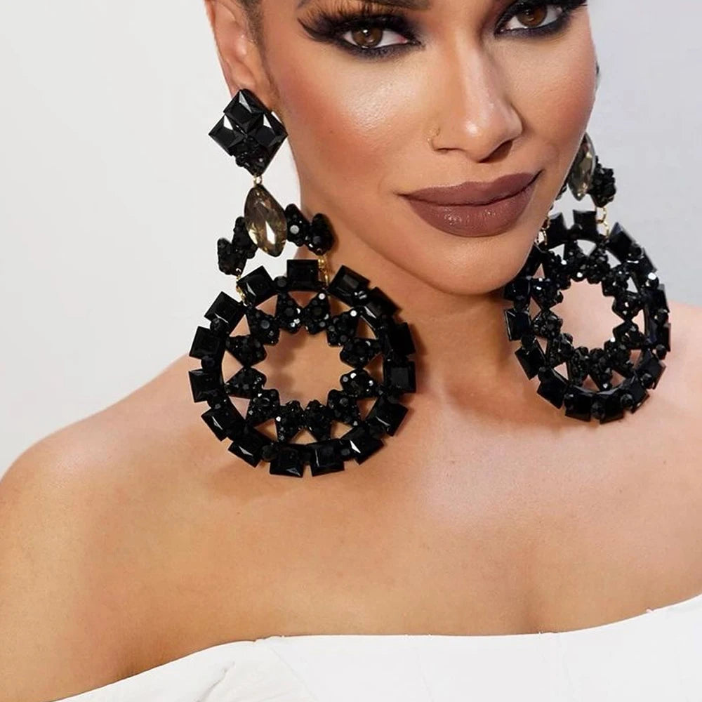 Fashion Round Black Exaggerate Earrings Large Crystal