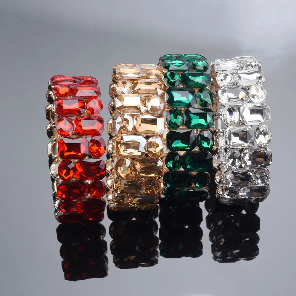 Fashion Double Row Square Oval Glass Handmade Elastic Bracelets