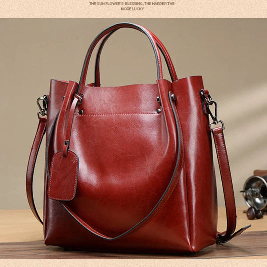 New Women's Genuine Leather Shoulder Bag Oil Wax Cowhide Korean Version Casual Crossbody Bag Vertical Square Handheld Big Bag