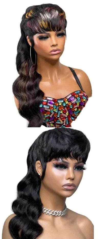 Mullet Wig Highlight Full Machine Made Wig With Bangs Glueless Brazilian Human