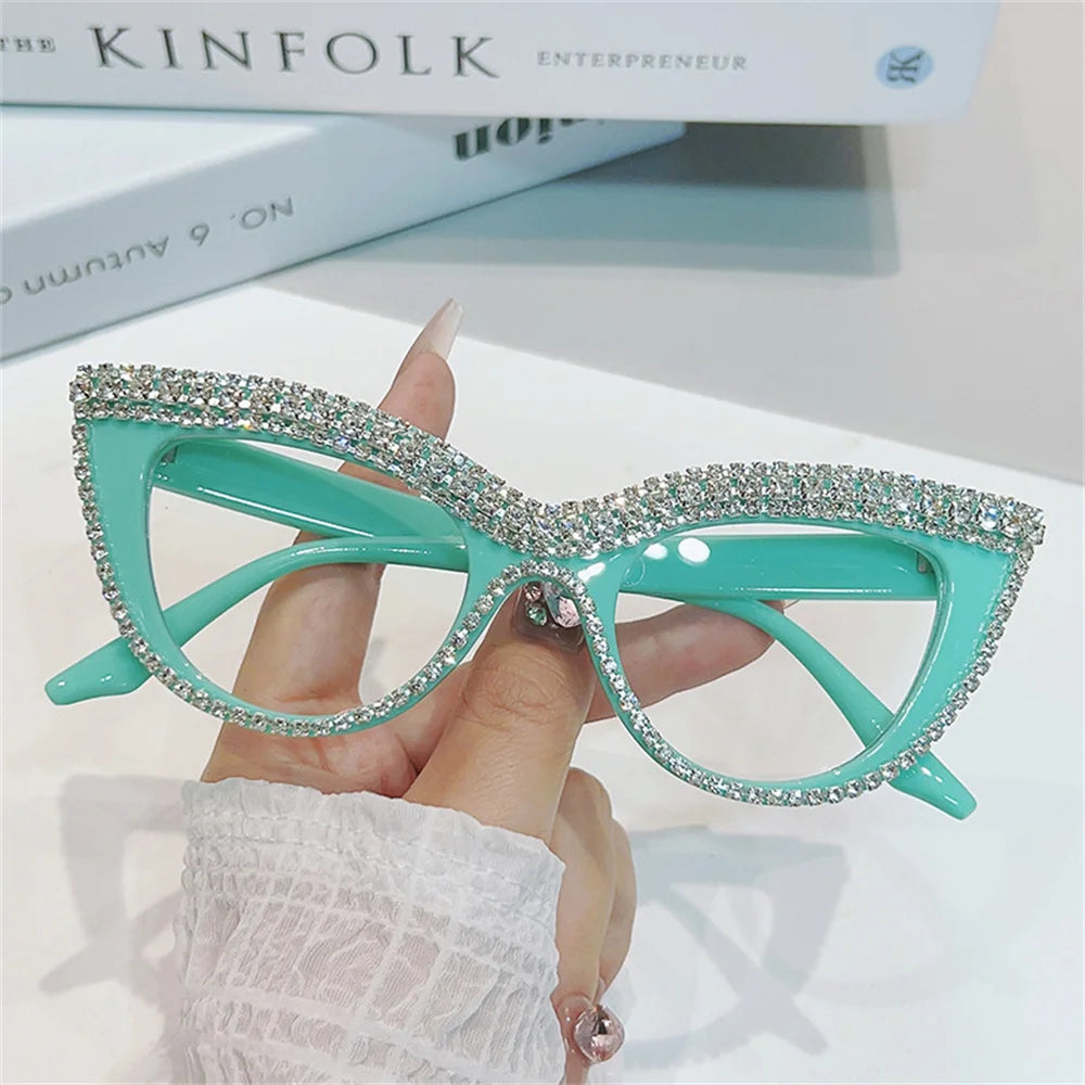 Luxury Diamond Cat Eye Reading Glasses Frames Anti Blue Light Optical Women Fashion Rhinestone Eyewear Brand Designer Eyeglasses