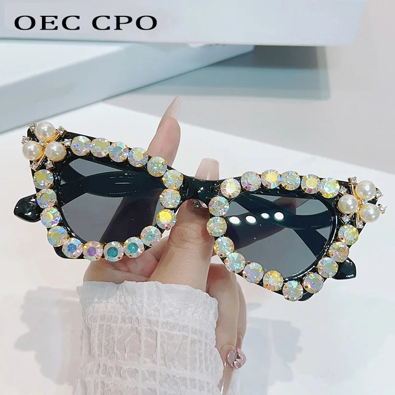 Shiny Diamonds Cat Eye Sunglasses Women 2023 Luxury Pearl Trends Punk Sun Glasses Female Shade UV400 Gradient Rhinestone Eyewear