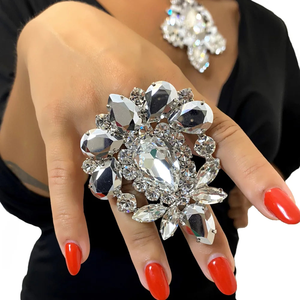 Exaggerated Crystal Open Rings Adjustable