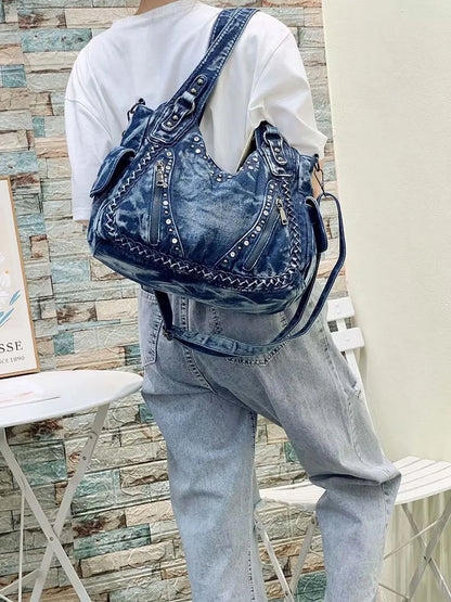 HIGHREAL High Quality Denim Women Handbag  Rivets Women Designer Shoulder Bag Large-Capacity Wash Denim Girls Messenger Bag