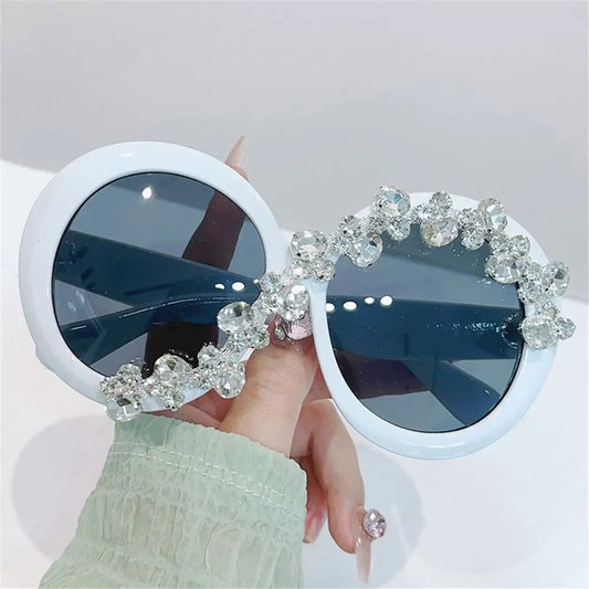 Oversized Round Frame Sunglasses UV400 Protection Rhinestone Decor Y2K Shades Asymmetrical Design Aesthetic Sun Glasses