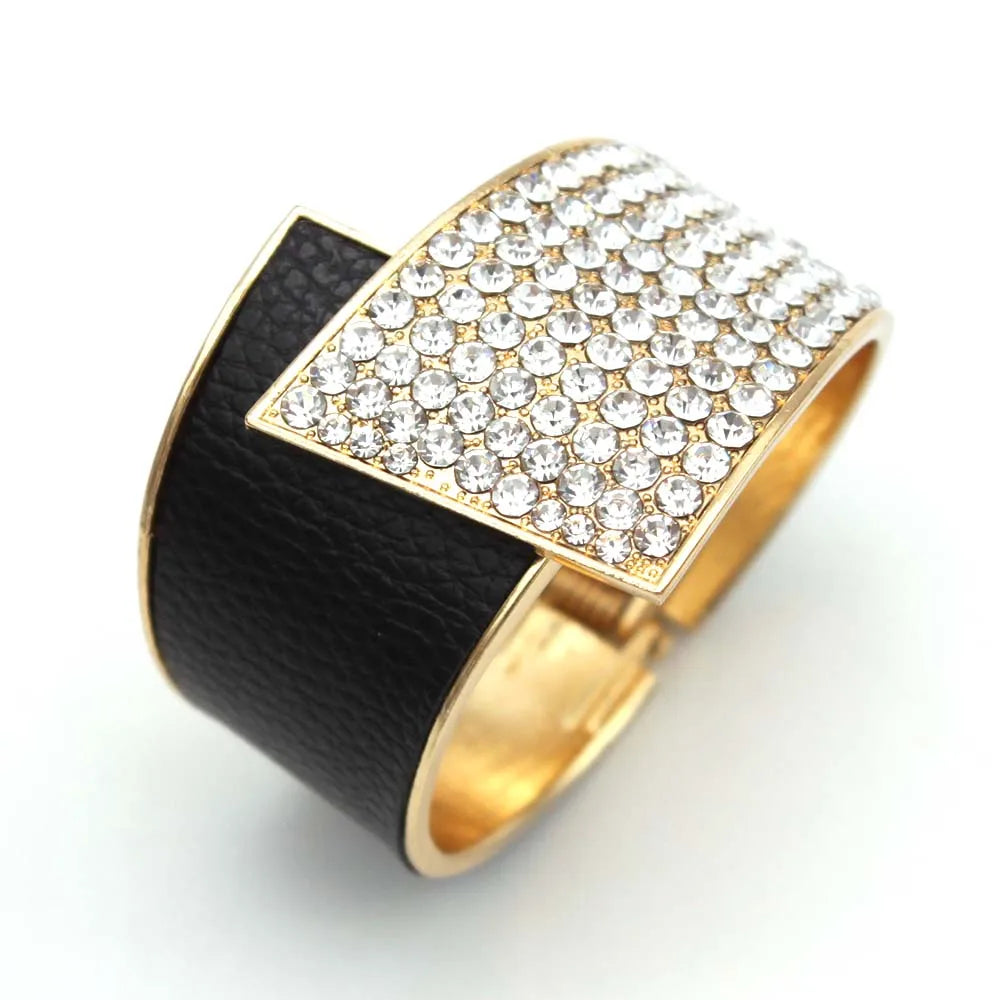 Fashion Geometric Cuff Bracelet For Women Crystal Spring Open Wide Leather Bracelet Trendy Party jewelry