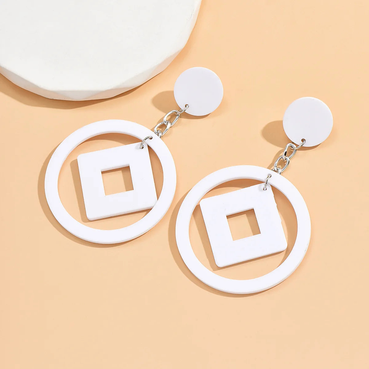 Exaggerated Long Chain Hollow Round Square White Acrylic Dangle Earrings