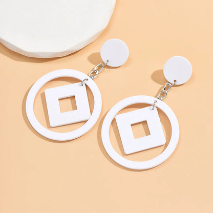 Exaggerated Long Chain Hollow Round Square White Acrylic Dangle Earrings