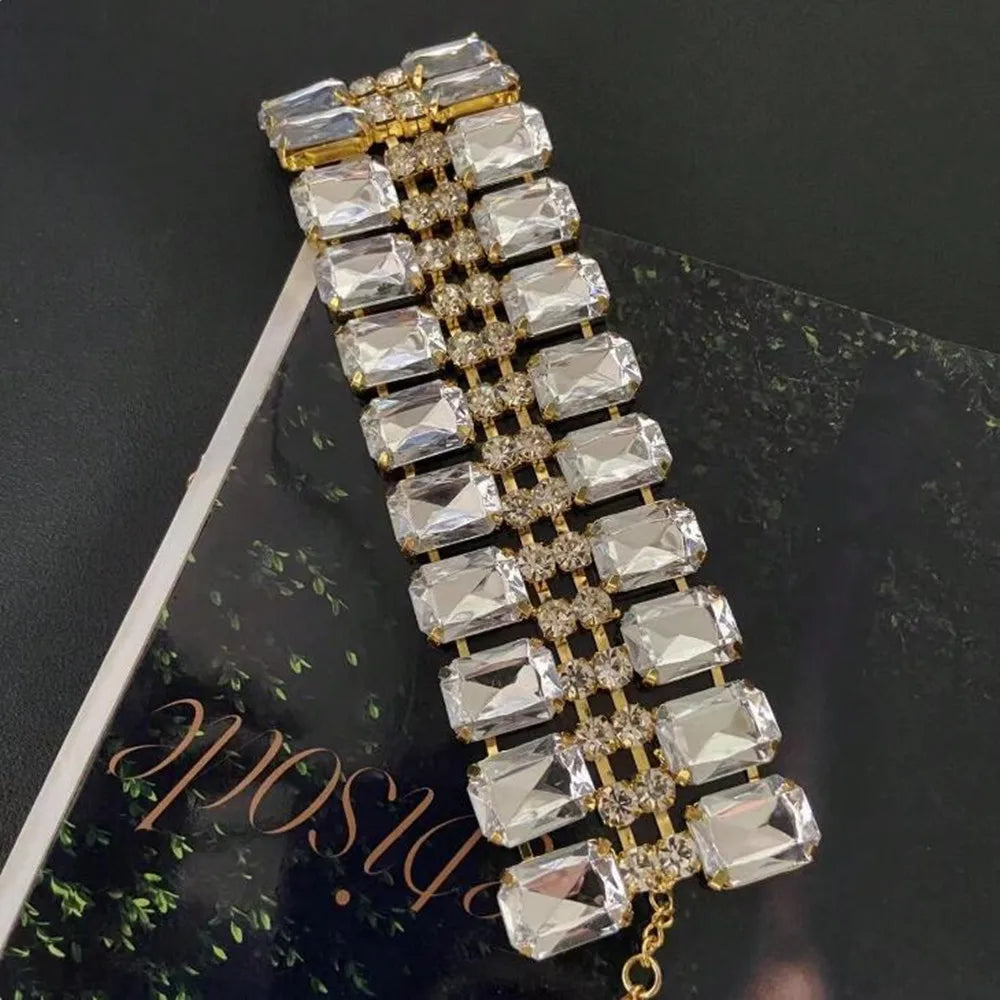 Novelly Rhinestone Acrylic Big Square Double Row Wristband Bracelet Hand Jewelry for Women Crystal Hand Chain Bracelet Bangle