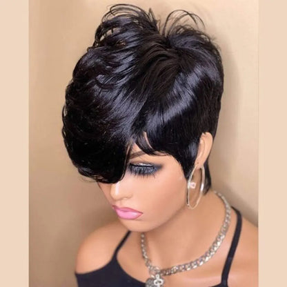 Short Pixie Cut Wigs Full Machine Made Wig With Bangs Glueless Remy Human Hair