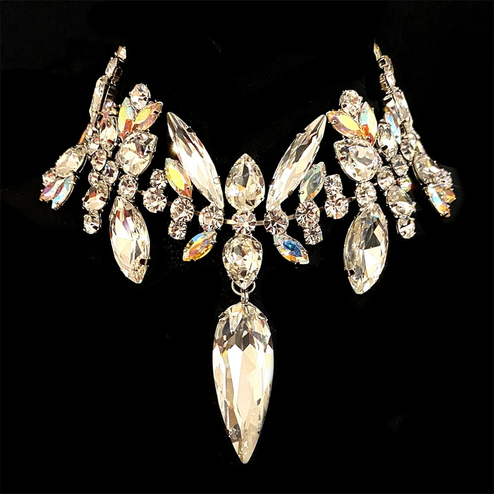 Colorful Rhinestone Geometric Shape Necklace Earrings and Ring 3PCS Sets Drag Queen Accessories Exaggerate Jewelry Set for Women