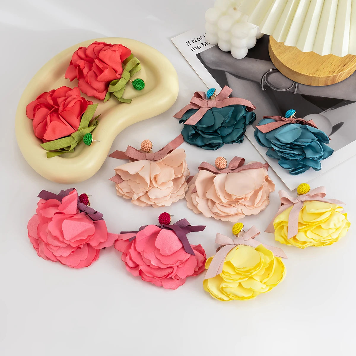 Exaggerated Colorful Large Fluffy Fabric Mesh Rose Flower Drop Earrings Women Trendy Elegant Petal Earrings Y2K Wed Accessories