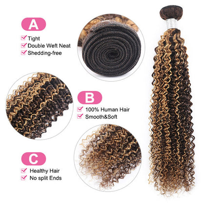 P4/27 Honey Blonde And Brown Jerry Curly Human Hair Bundles With 4x4 Lace Closure Peruvian Remy Hair Extention 220g/Set 10-24In