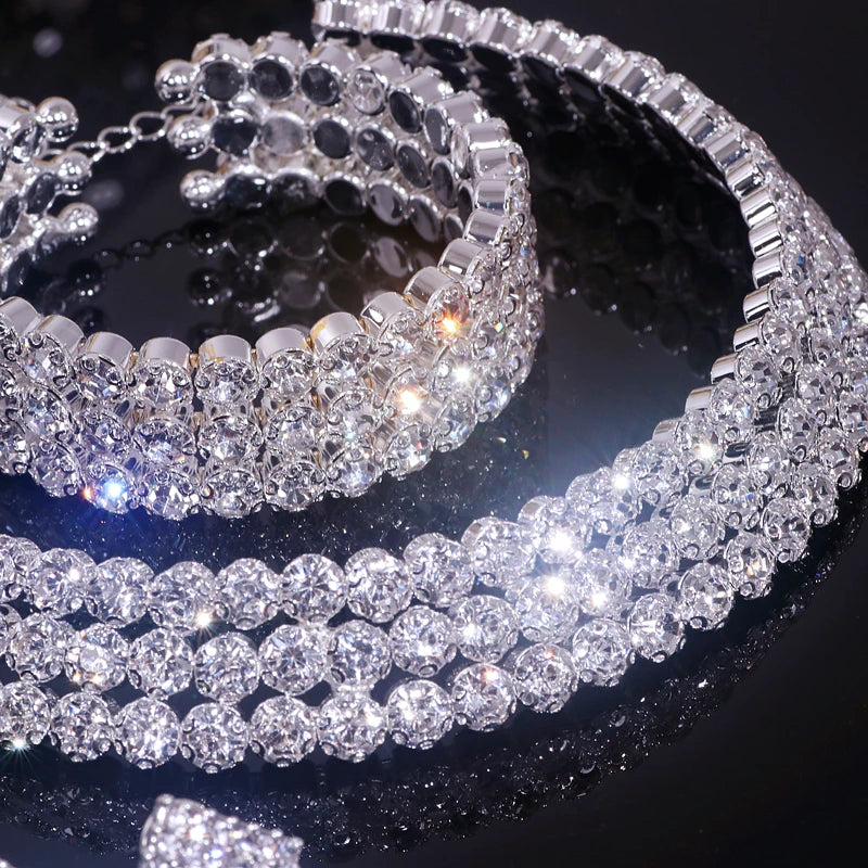 Classic Rhinestone Crystal Choker Necklace Earrings and Bracelet Set for Women Silver Color Bridal Wedding Party Jewelry Sets