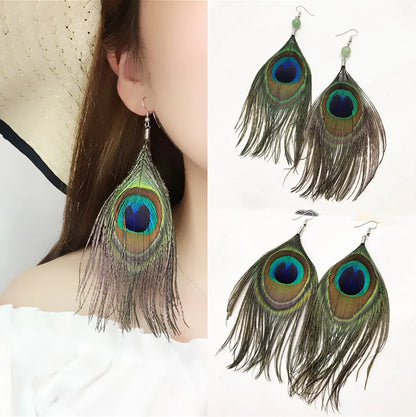 Retro ethnic peacock feather exaggerated flowing tassel earrings