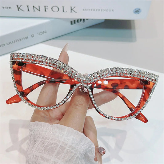 Luxury Diamond Cat Eye Reading Glasses Frames Anti Blue Light Optical Women Fashion Rhinestone Eyewear Brand Designer Eyeglasses
