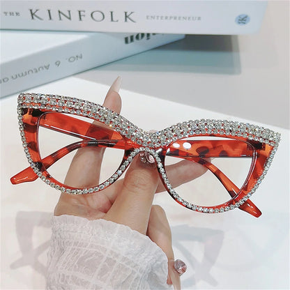 Luxury Diamond Cat Eye Reading Glasses Frames Anti Blue Light Optical Women Fashion Rhinestone Eyewear Brand Designer Eyeglasses