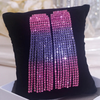 Sparkling Colorful Crystal Rhinestone Long Tassel Earrings