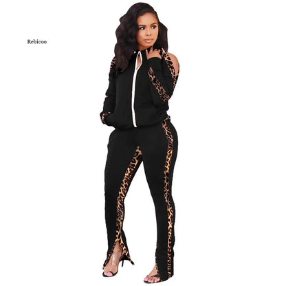 Women Suit Two-piece Leopard Print New Ladies Suit Warm Comfortable Stitching