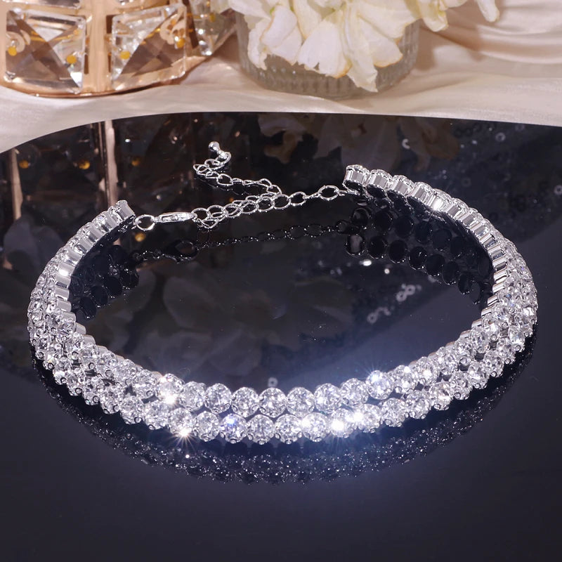 Classic Rhinestone Crystal Choker Necklace Earrings and Bracelet Set for Women Silver Color Bridal Wedding Party Jewelry Sets