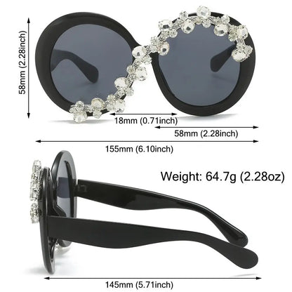 Rhinestone Decor Round Frame Sunglasses Oversized UV400 Protection Aesthetic Sun Glasses Asymmetrical Design Eyeglasses