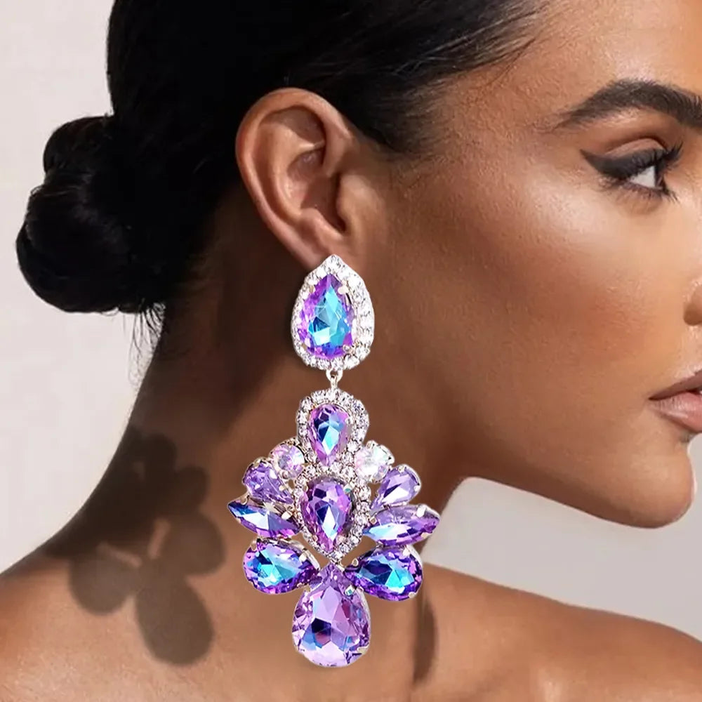 Purple Crystal Dangle Earrings for Women Studs Wedding Free Shipping Fashion Water Drop Statement Rhinestone Earrings Jewelry