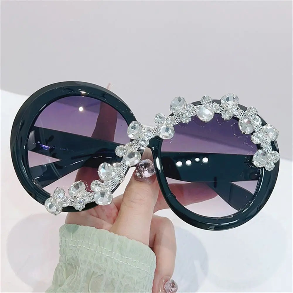 Rhinestone Decor Round Frame Sunglasses Oversized UV400 Protection Aesthetic Sun Glasses Asymmetrical Design Eyeglasses