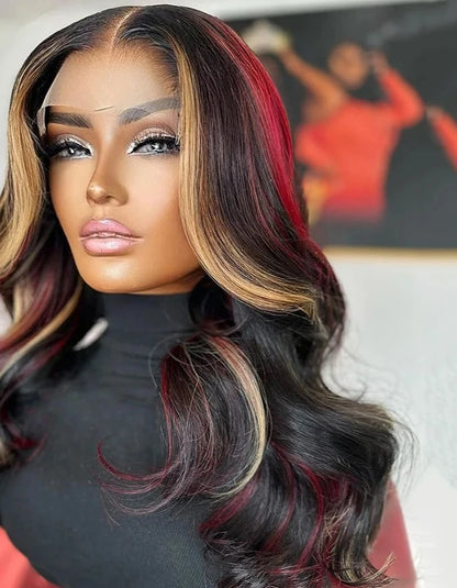 Highlights Red Blonde Colored Body Wave 13x4 Transparent Lace Frontal Wig Baby Hair Pre Plucked