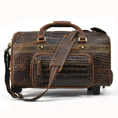 Designer Genuine Leather Men's Travel Bag Alligator Strip Real Leather Overnight Weekend Bag Large Capacity Men Hand Luggage Bag