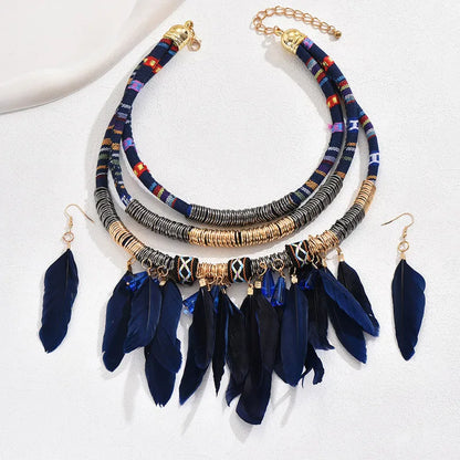 Fashion Vintage Ethnic Feather Choker Necklace Earrings Set