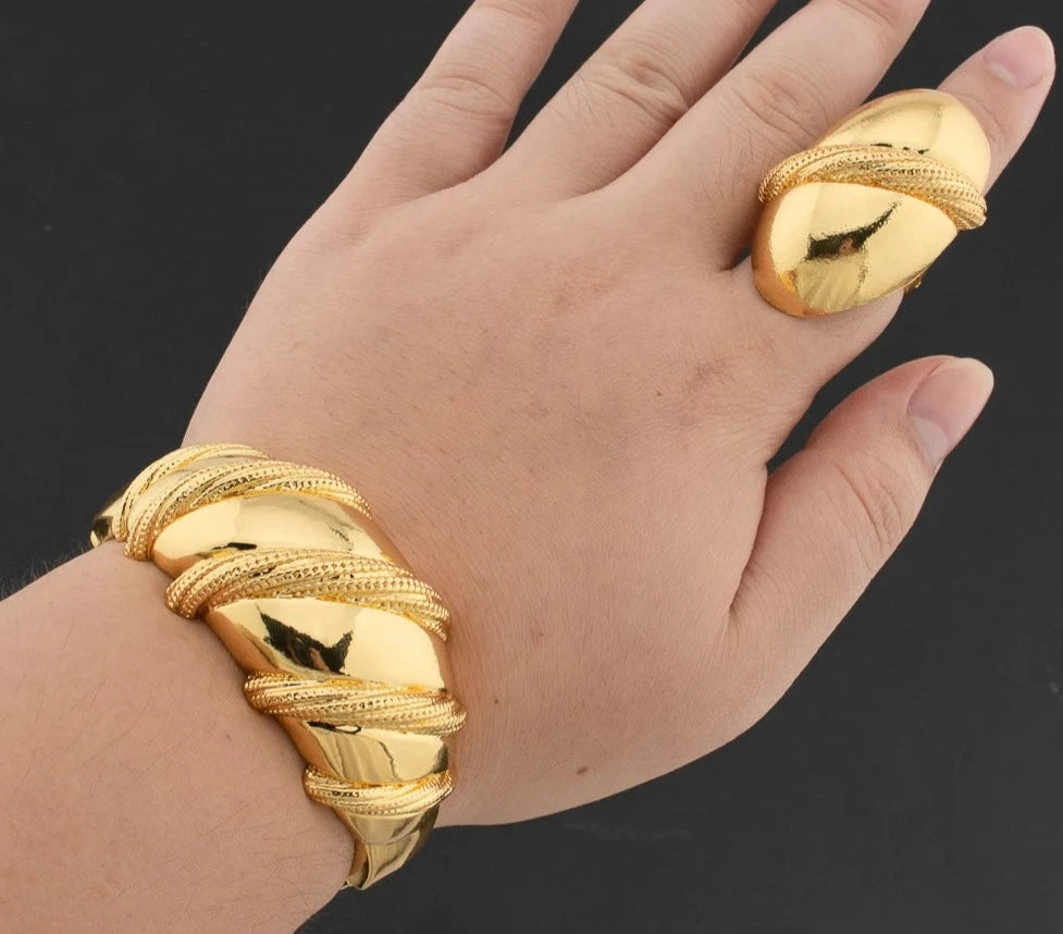 Gold Cuff Bangle with Ring Set Dubai Round Beads Design