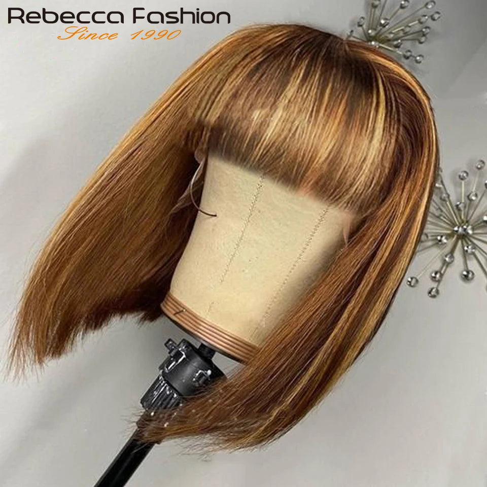 180D Short Cut P4/30 Highlight Straight Human Hair Wigs With Bangs